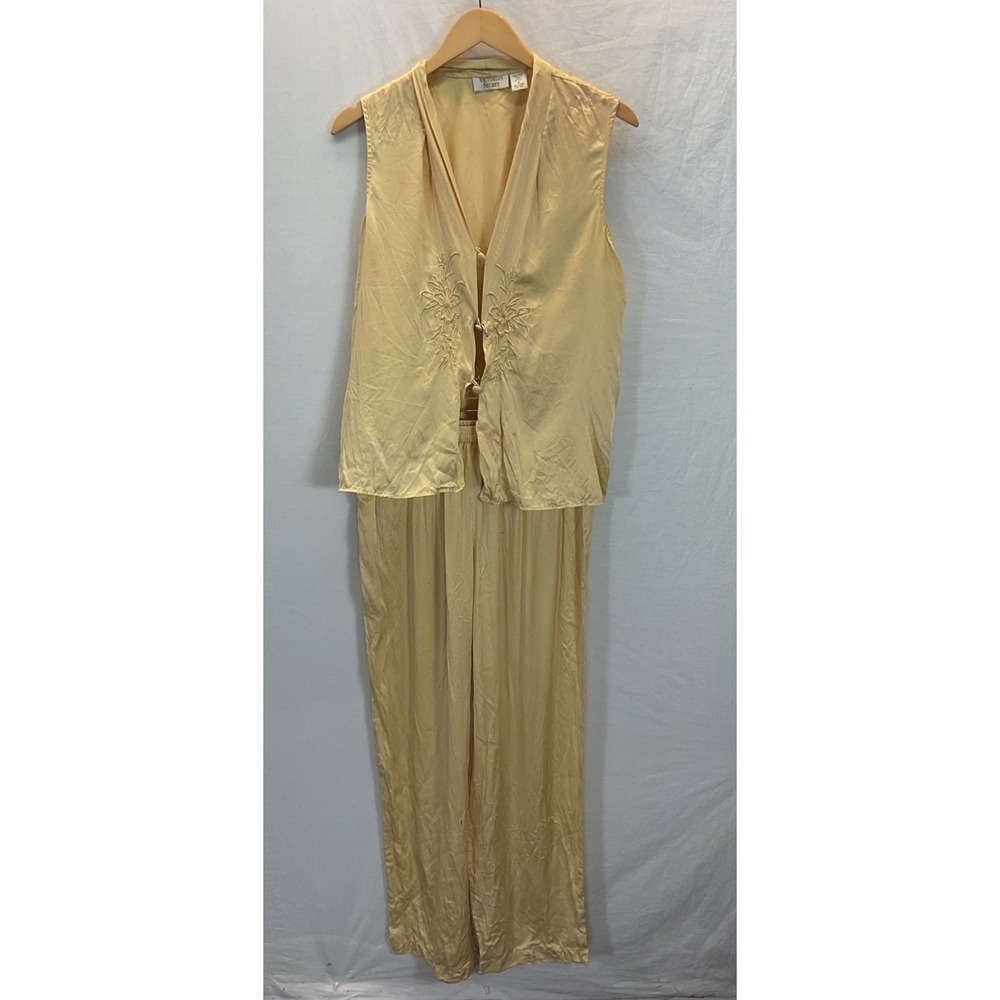 VTG Victorias Secret Yellow Silk Pajama Set MD sleeveless embroidered / pants - Picture 1 of 14